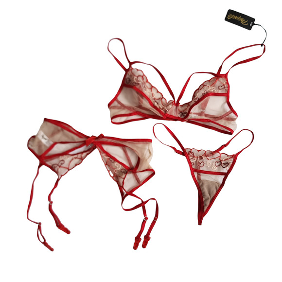NWT Mapale Three Piece Set Red Nude Bra Thong Garter Belt Size S/M 8652 - Picture 3 of 9